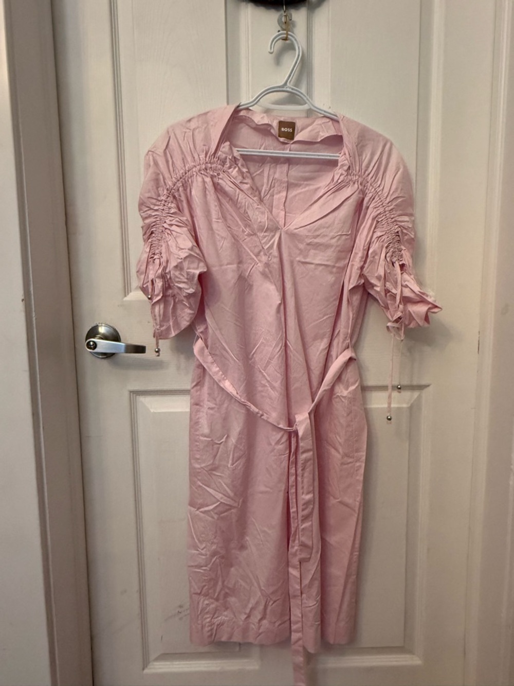 BOSS Light Pink Shirred Sleeve Wrap Dress